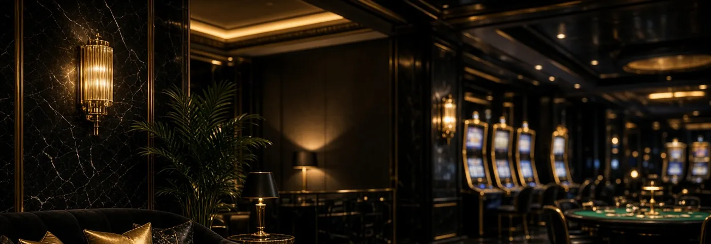 Black and gold casino lounge with slot machines and a card table